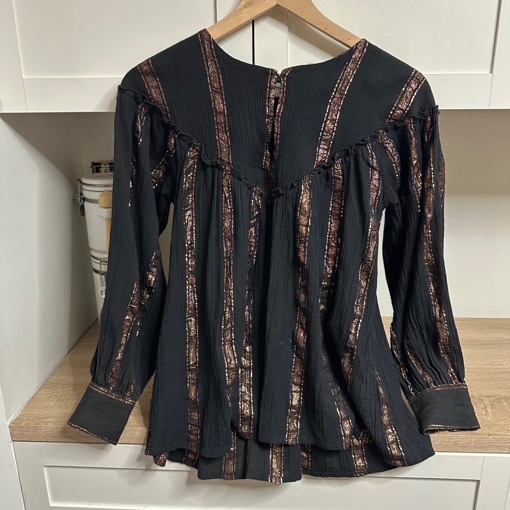 Antik Batik Julia Blouse Women XS Black Metallic Boho Chic Ruffled Yoke Cotton